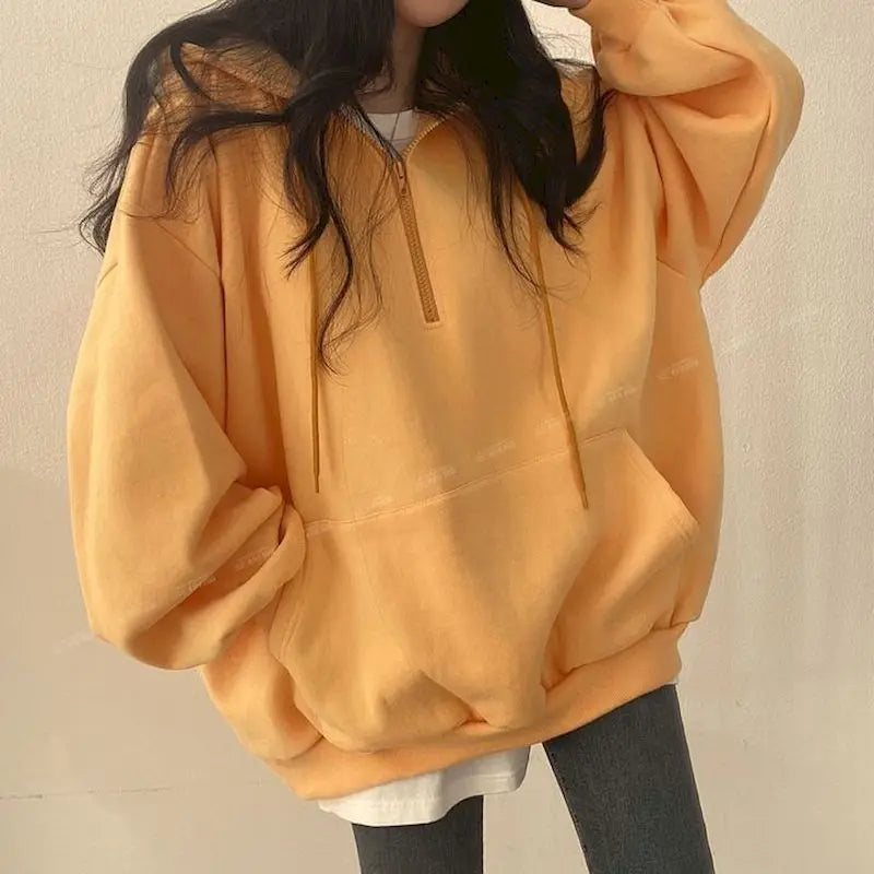Felpa con cappuccio oversize con cerniera per donna, felpe monocromatiche, felpe casual, essenziale per donna, moda coreana, 2023