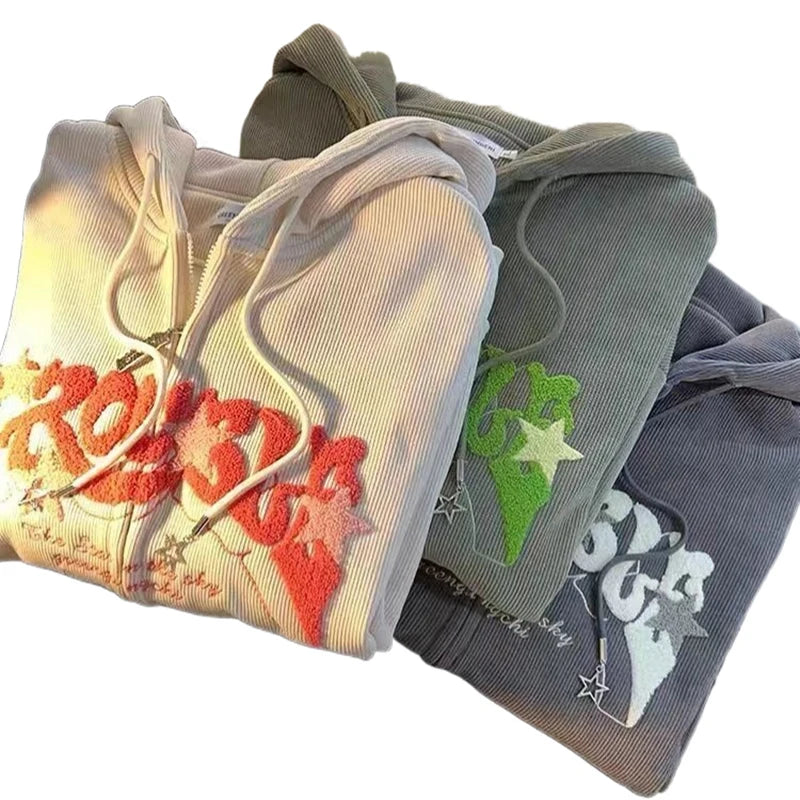 Felpe con cappuccio retrò da donna con ricamo, autunno inverno, cerniera, manica lunga, giacca ampia, cappotti Y2K, casual, tascabili, felpe con cappuccio