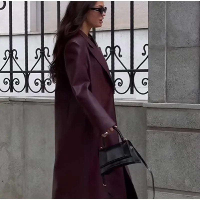Eleganti cappotti in pelle bordeaux con un bottone per donna, alla moda, tasche a ribalta, giacche larghe e solide, 2024, capispalla da strada Lady Chic