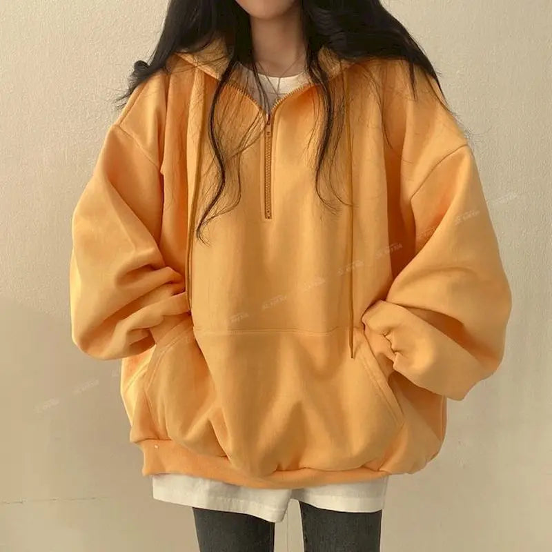 Felpa con cappuccio oversize con cerniera per donna, felpe monocromatiche, felpe casual, essenziale per donna, moda coreana, 2023