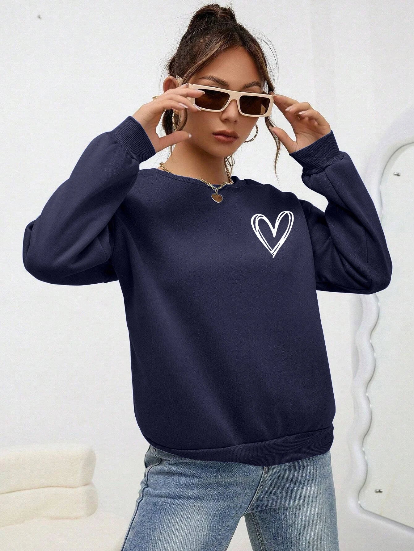 Felpe con stampa a forma di cuore semplice per donna, comode e casual, con scollo rotondo, in pile, calde e comode, abbigliamento sportivo