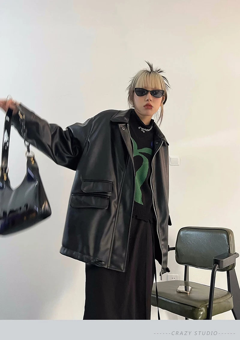 Streetwear Nero PU Faux Pelle Cappotti Donne Oversize Gotico Giacche Y2K Largo Tasca Fresco Signore Casual Morbido Outerwear