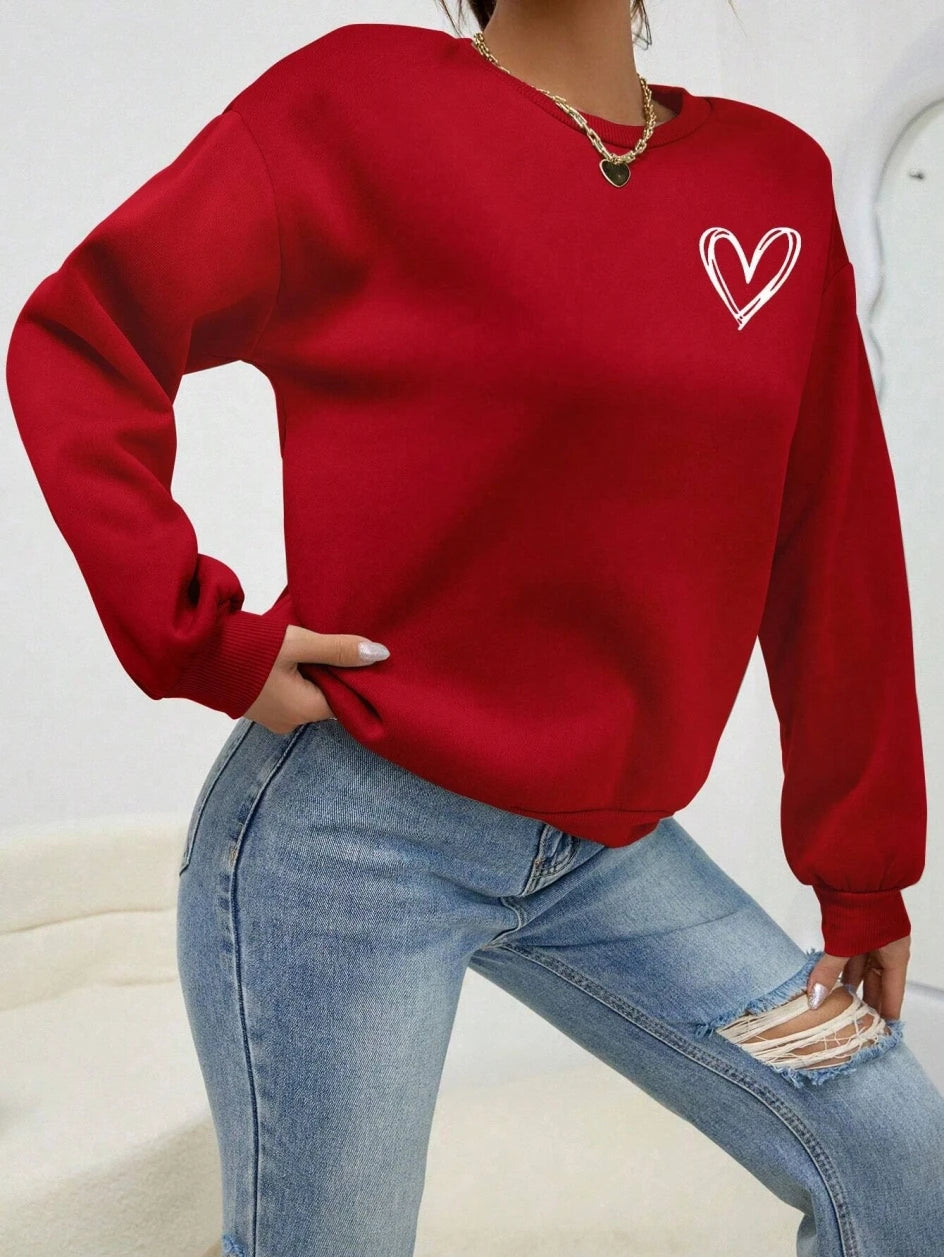 Felpe con stampa a forma di cuore semplice per donna, comode e casual, con scollo rotondo, in pile, calde e comode, abbigliamento sportivo