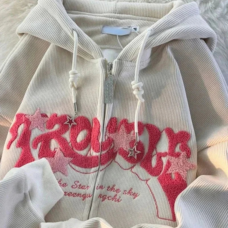 Felpe con cappuccio retrò da donna con ricamo, autunno inverno, cerniera, manica lunga, giacca ampia, cappotti Y2K, casual, tascabili, felpe con cappuccio