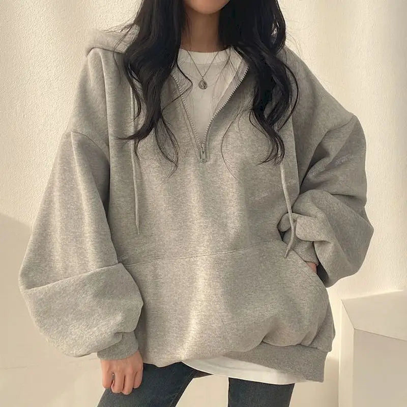 Felpa con cappuccio oversize con cerniera per donna, felpe monocromatiche, felpe casual, essenziale per donna, moda coreana, 2023