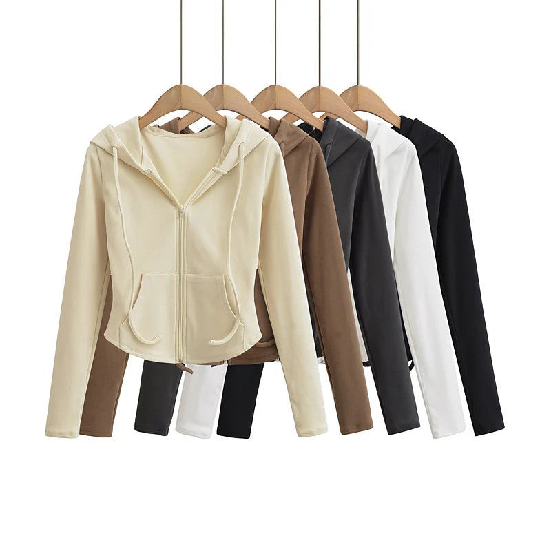 Felpe con cappuccio corte alla moda autunnale da donna, con cerniera intera, felpe alla moda coreana, con cappuccio, carine, a maniche lunghe, top corto sexy e attillato