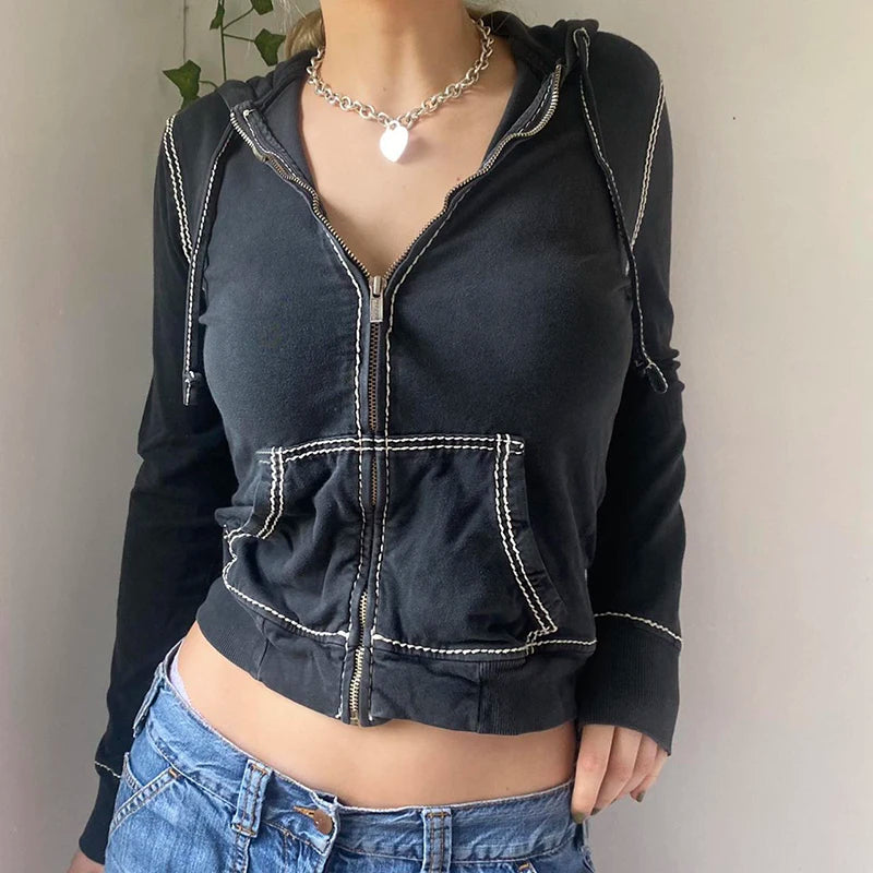 Dourbesty Harajuku Vintage Zip Up Felpe con cappuccio Estetica anni '90 Y2K Felpe con tasche E-girls Dark Academia Grunge Coat Crop Top
