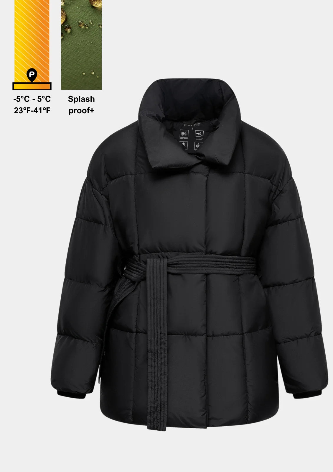 Vista frontale della giacca invernale da donna imbottita con cintura - Design elegante in nero