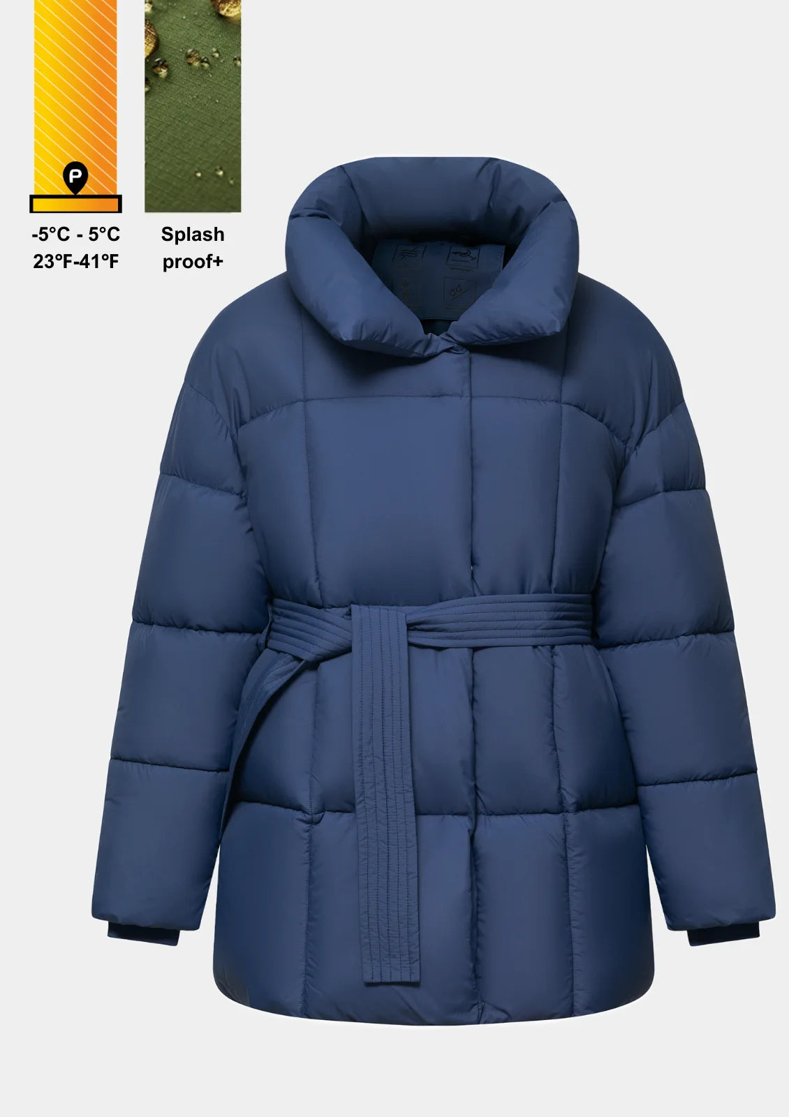 Vista frontale della giacca invernale da donna imbottita con cintura - Design elegante in blu