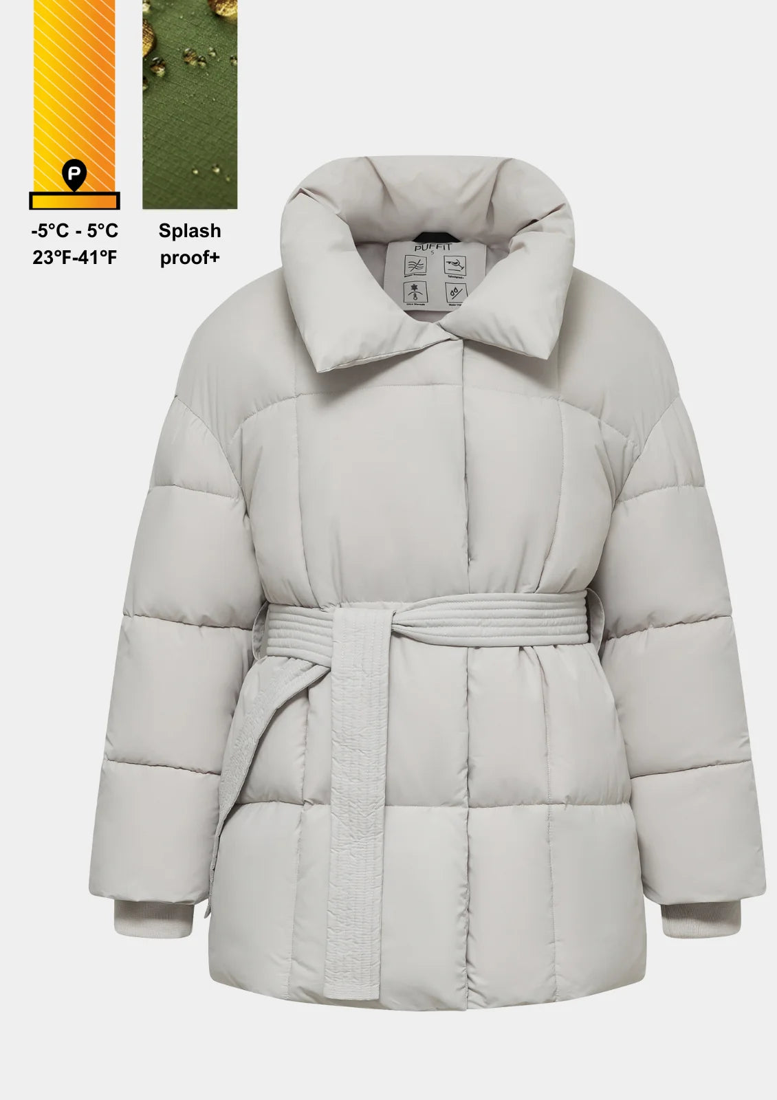 Vista frontale della giacca invernale da donna imbottita con cintura - Design elegante in bianco