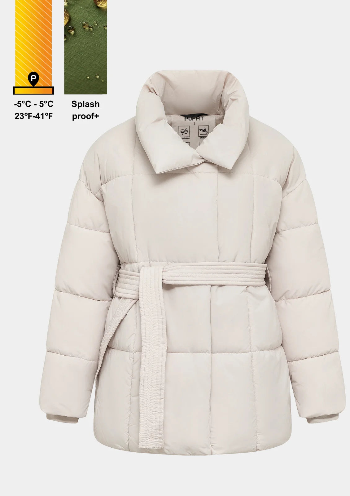 Vista frontale della giacca invernale da donna imbottita con cintura - Design elegante in bianco
