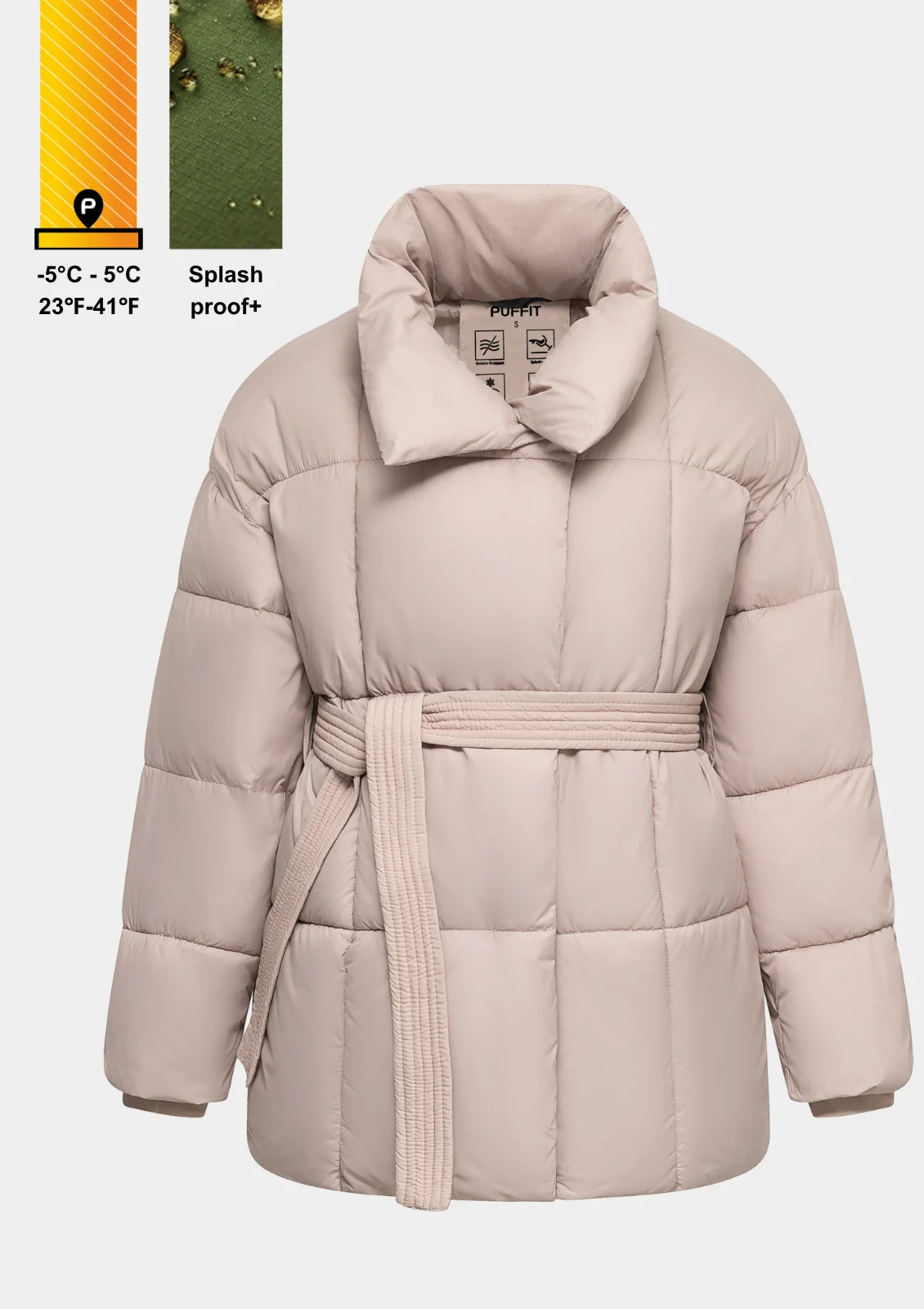 Vista frontale della giacca invernale da donna imbottita con cintura - Design elegante in beige