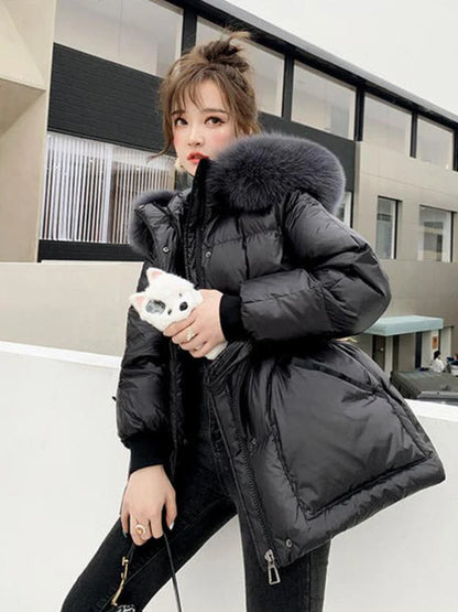 KBAT 2024 Corea Moda Cotone Imbottito Giacca Parka Grande Collo di Pelliccia Inverno Piumino Giacca Donna Spesso Caldo Parka Capispalla Femminile