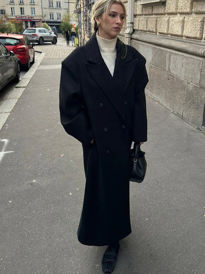 Elegant Solid Women Woolen Long Coats Loose Lapel Double-breasted Full Sleeve Shoulder Pads Overcoat 2024 Autumn New Outerwears