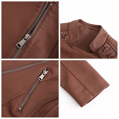 Giacca in similpelle alla moda per donna, primavera e autunno FSMG, capospalla corto casual slim fit con cerniera, cappotto da motociclista leggero