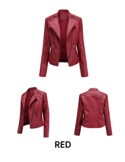 Giacca in similpelle alla moda per donna, primavera e autunno FSMG, capospalla corto casual slim fit con cerniera, cappotto da motociclista leggero