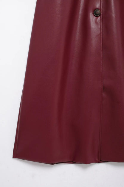 TRAFZA Donna Borgogna Similpelle Maxi Lungo Trench Elegante Risvolto Manica Lunga Giacche con Cintura Moda Femminile Capispalla