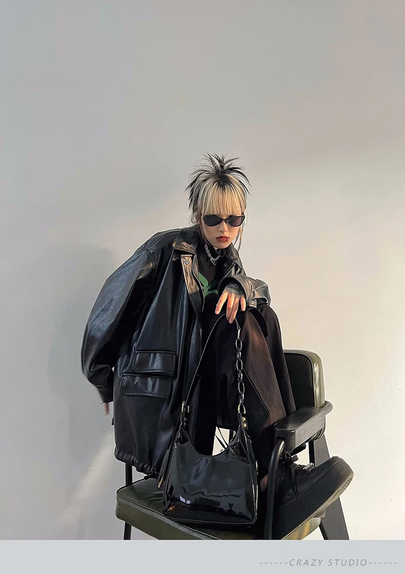 Streetwear Nero PU Faux Pelle Cappotti Donne Oversize Gotico Giacche Y2K Largo Tasca Fresco Signore Casual Morbido Outerwear