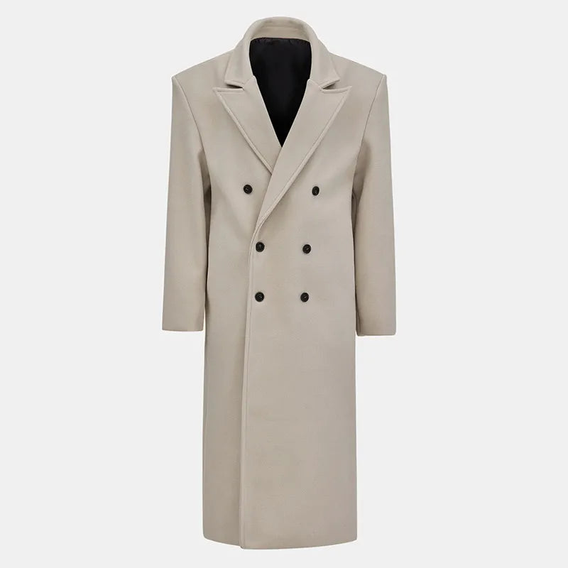 Elegant Solid Women Woolen Long Coats Loose Lapel Double-breasted Full Sleeve Shoulder Pads Overcoat 2024 Autumn New Outerwears