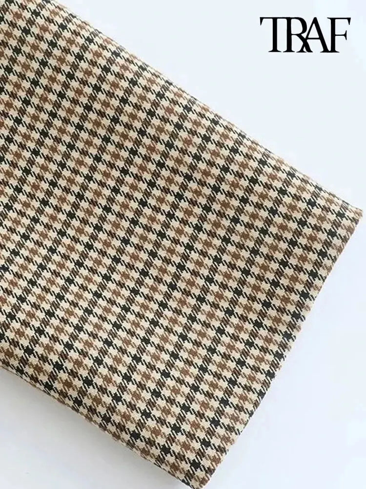 TRAF Donna Moda Doppiopetto Plaid Blazer Cappotto Vintage Manica Lunga Tasche con Patta Donna Capispalla Chic Vestes Femme