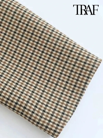 TRAF Donna Moda Doppiopetto Plaid Blazer Cappotto Vintage Manica Lunga Tasche con Patta Donna Capispalla Chic Vestes Femme
