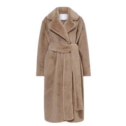 Giacca lunga in pelliccia sintetica da donna, con cintura spessa, autunno inverno, cappotto lungo caldo di lusso, cintura in pelliccia nera, parka Bontjas, capispalla pelosi