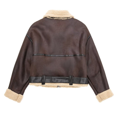 Giacca da donna alla moda autunno, spessa e calda, in pelliccia sintetica, vintage, a maniche lunghe, con cintura e orlo, capispalla da donna, eleganti top