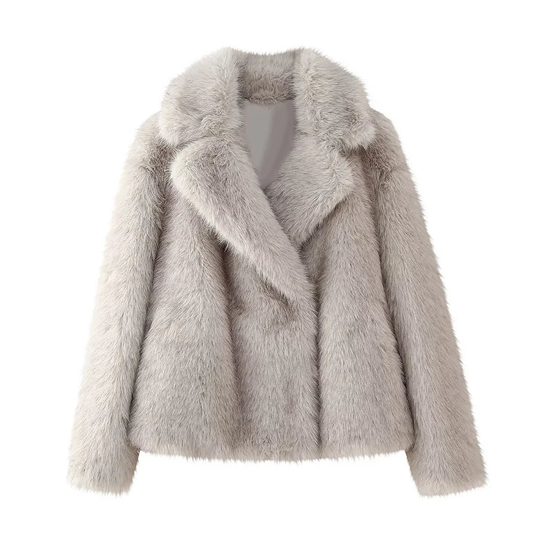 Cappotto in pelliccia sintetica soffice da donna, spesso e caldo, con colletto rovesciato, alla moda, di lusso, top 2024, elegante da donna, soprabito da strada