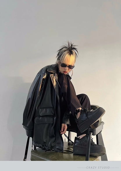 Streetwear Nero PU Faux Pelle Cappotti Donne Oversize Gotico Giacche Y2K Largo Tasca Fresco Signore Casual Morbido Outerwear
