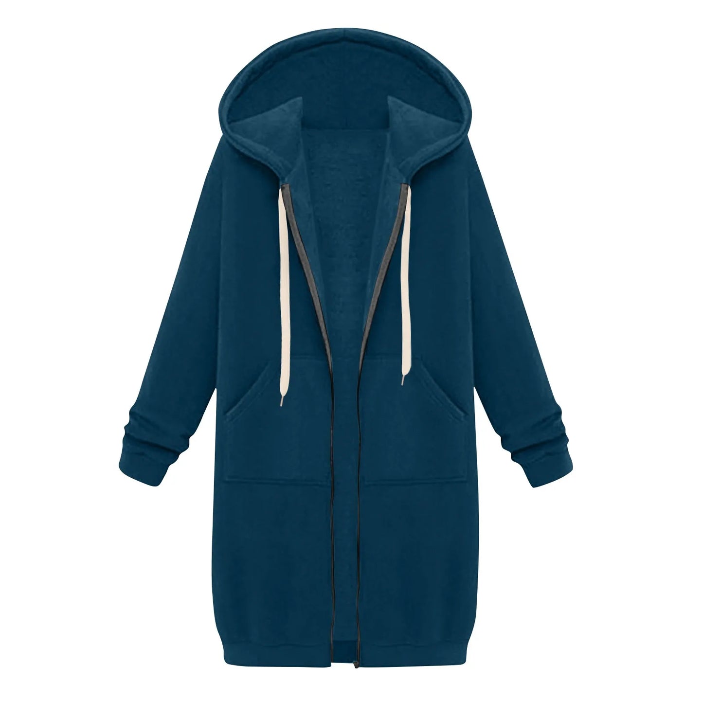 Felpa con cappuccio lunga con cerniera casual da donna, felpa invernale antivento con coulisse, giacca con cappuccio e tasche comode