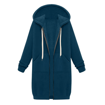 Felpa con cappuccio lunga con cerniera casual da donna, felpa invernale antivento con coulisse, giacca con cappuccio e tasche comode