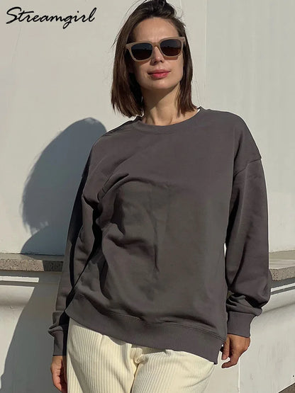 Felpe girocollo in cotone oversize per donna, capispalla autunnali, felpe in spugna larghe, felpe casual da donna