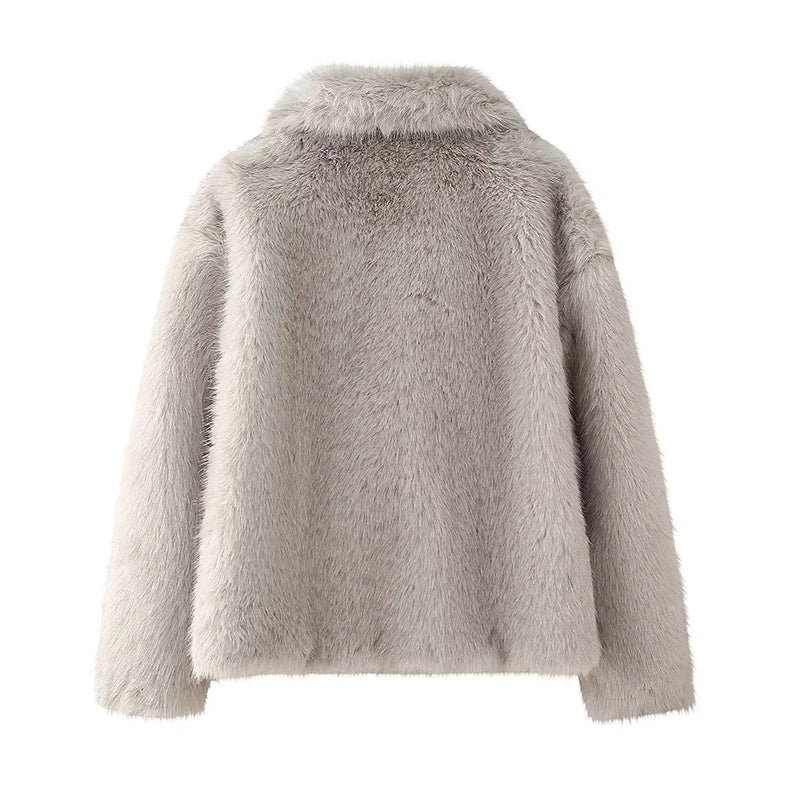 Cappotto in pelliccia sintetica soffice da donna, spesso e caldo, con colletto rovesciato, alla moda, di lusso, top 2024, elegante da donna, soprabito da strada