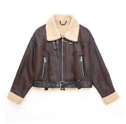 Giacca da donna alla moda autunno, spessa e calda, in pelliccia sintetica, vintage, a maniche lunghe, con cintura e orlo, capispalla da donna, eleganti top