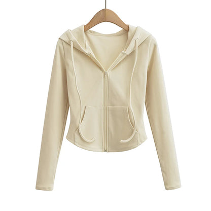 Felpe con cappuccio corte alla moda autunnale da donna, con cerniera intera, felpe alla moda coreana, con cappuccio, carine, a maniche lunghe, top corto sexy e attillato