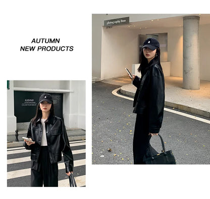 Giacca in pelle nera invernale corta da donna 2022 autunno coreano giacca da motociclista da strada alta da donna capispalla vintage sottile PU chic top