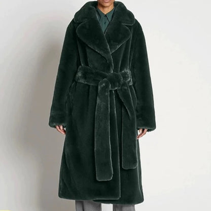 Giacca lunga in pelliccia sintetica da donna, con cintura spessa, autunno inverno, cappotto lungo caldo di lusso, cintura in pelliccia nera, parka Bontjas, capispalla pelosi