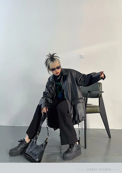 Streetwear Nero PU Faux Pelle Cappotti Donne Oversize Gotico Giacche Y2K Largo Tasca Fresco Signore Casual Morbido Outerwear