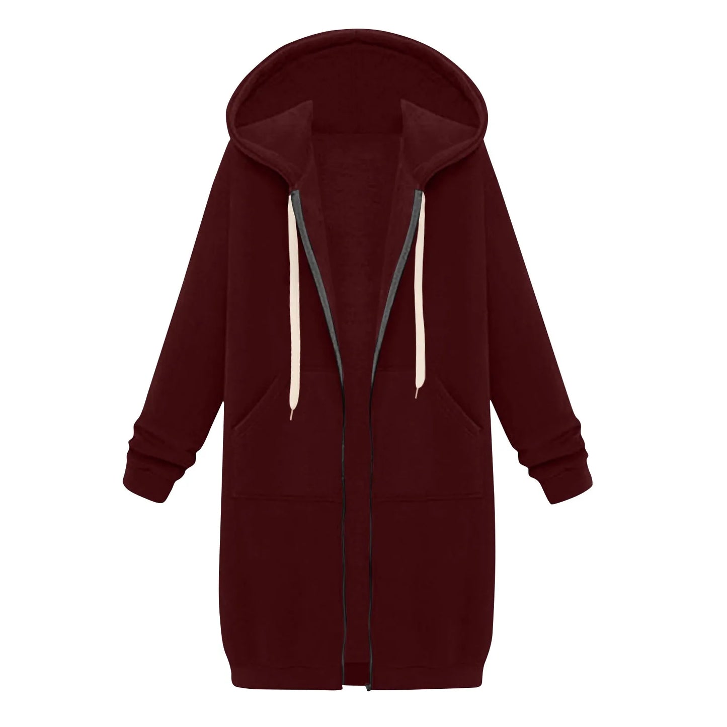 Felpa con cappuccio lunga con cerniera casual da donna, felpa invernale antivento con coulisse, giacca con cappuccio e tasche comode