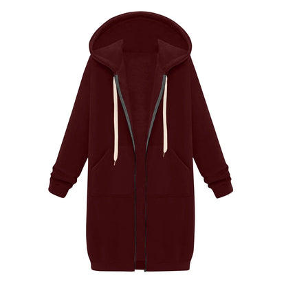 Felpa con cappuccio lunga con cerniera casual da donna, felpa invernale antivento con coulisse, giacca con cappuccio e tasche comode