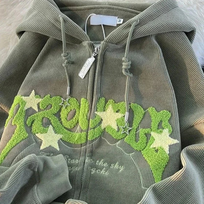 Felpe con cappuccio retrò da donna con ricamo, autunno inverno, cerniera, manica lunga, giacca ampia, cappotti Y2K, casual, tascabili, felpe con cappuccio