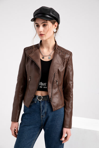 Giacca in similpelle alla moda per donna, primavera e autunno FSMG, capospalla corto casual slim fit con cerniera, cappotto da motociclista leggero