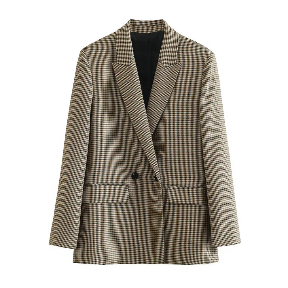 TRAF Donna Moda Doppiopetto Plaid Blazer Cappotto Vintage Manica Lunga Tasche con Patta Donna Capispalla Chic Vestes Femme