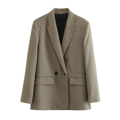 TRAF Donna Moda Doppiopetto Plaid Blazer Cappotto Vintage Manica Lunga Tasche con Patta Donna Capispalla Chic Vestes Femme