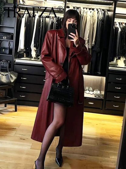 TRAFZA Donna Borgogna Similpelle Maxi Lungo Trench Elegante Risvolto Manica Lunga Giacche con Cintura Moda Femminile Capispalla