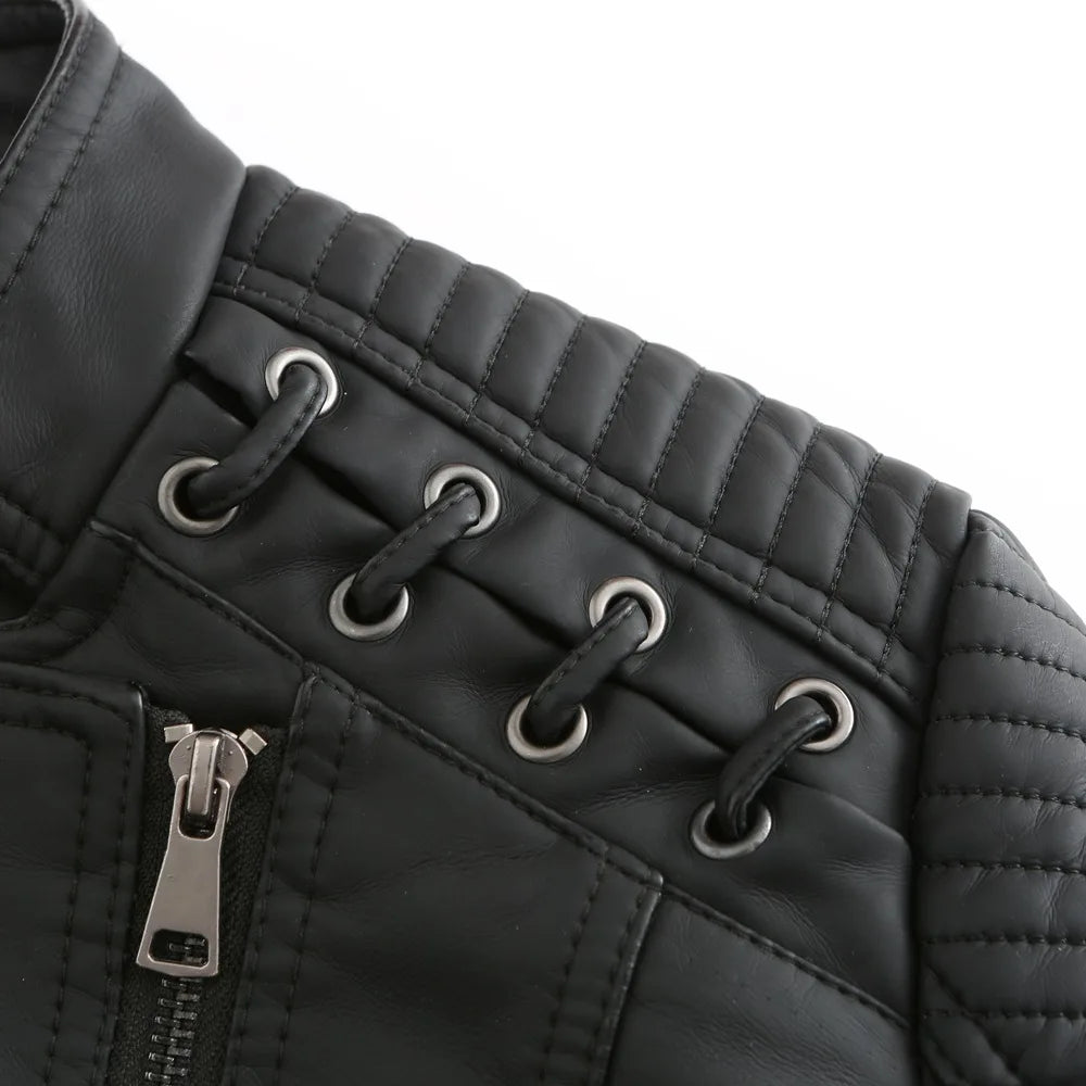 Giacca in similpelle alla moda per donna, primavera e autunno FSMG, capospalla corto casual slim fit con cerniera, cappotto da motociclista leggero