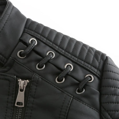 Giacca in similpelle alla moda per donna, primavera e autunno FSMG, capospalla corto casual slim fit con cerniera, cappotto da motociclista leggero