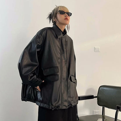 Streetwear Nero PU Faux Pelle Cappotti Donne Oversize Gotico Giacche Y2K Largo Tasca Fresco Signore Casual Morbido Outerwear