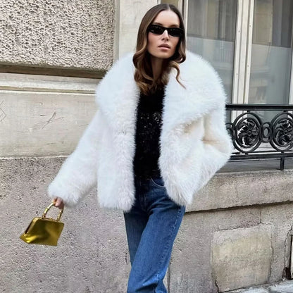 TRAF Cappotto in pelliccia sintetica bianco 2024 Donna Nuovo in cappotti Autunno Inverno Pelliccia Peluche Soffice Giacca Calda Rosso Grigio Nero Capispalla
