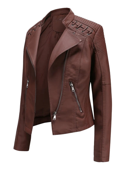 Giacca in similpelle alla moda per donna, primavera e autunno FSMG, capospalla corto casual slim fit con cerniera, cappotto da motociclista leggero